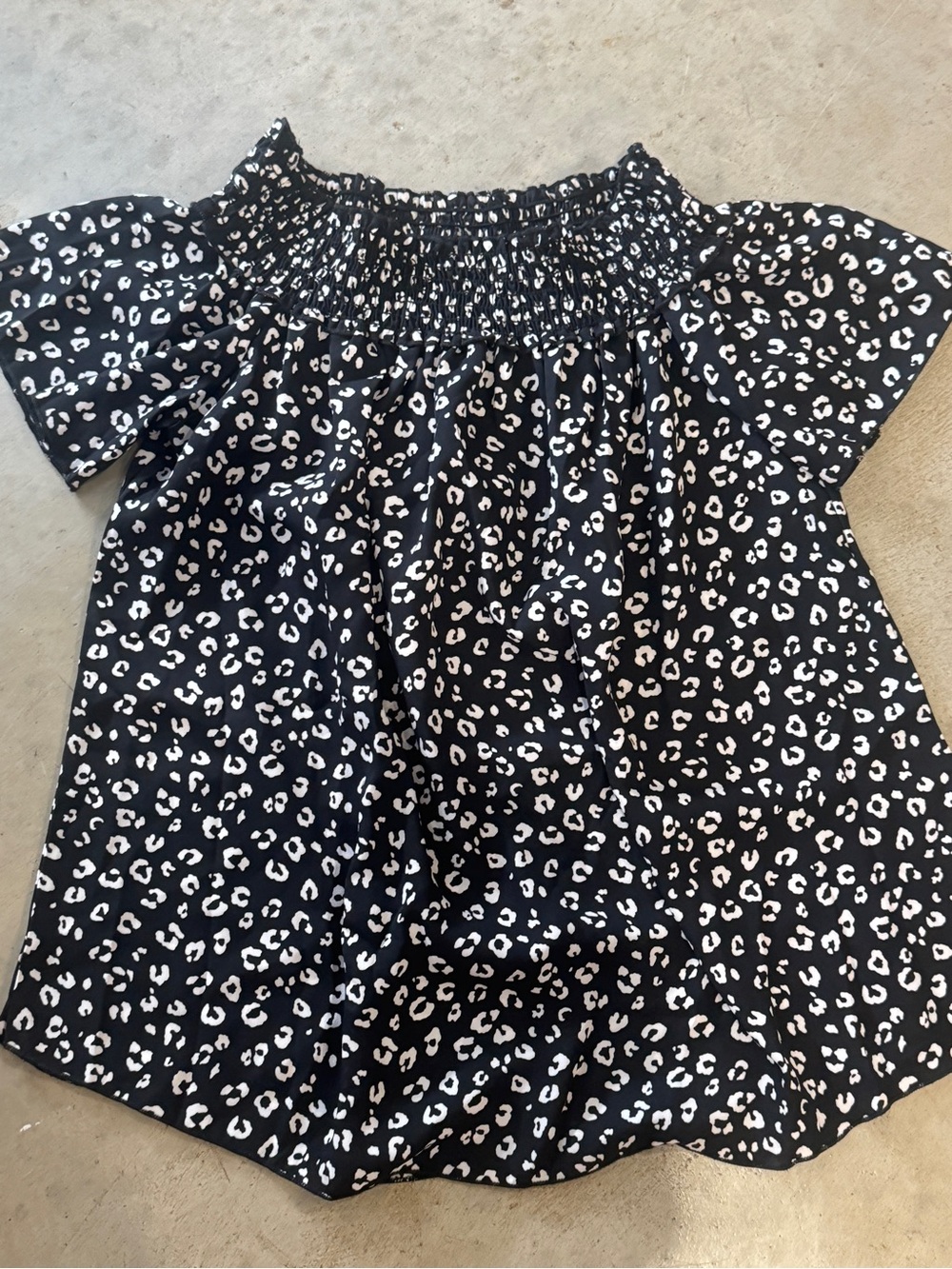 Women's Black Smocked Neck Leopard Print Blouse